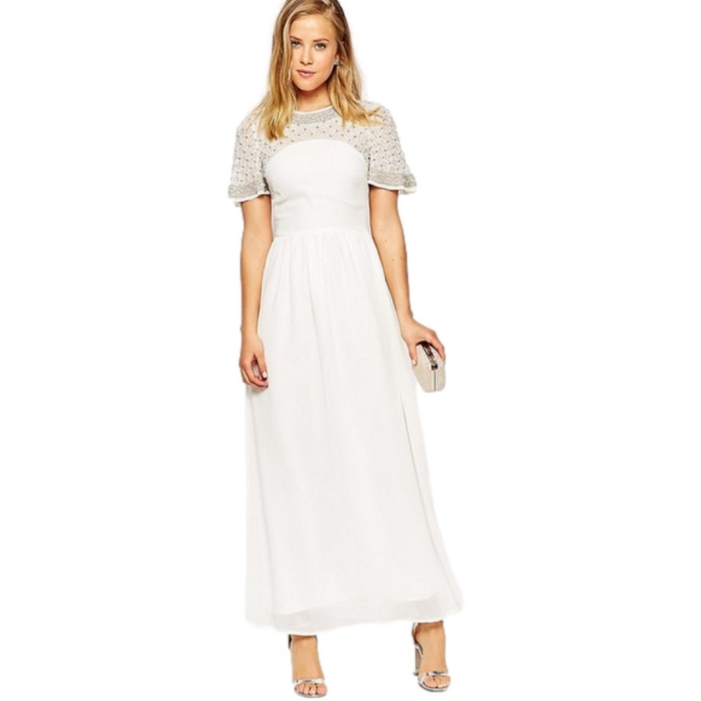 ASOS New Size 10 White Beaded Princess Cluster Lattice Flutter Sleeve Maxi Dress